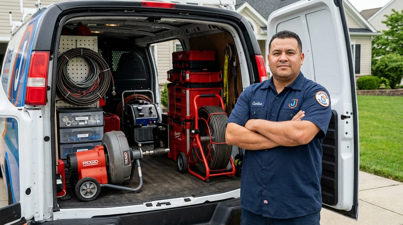Professional drain cleaning equipment and Johns Plumbing LLC plumber in Delevan