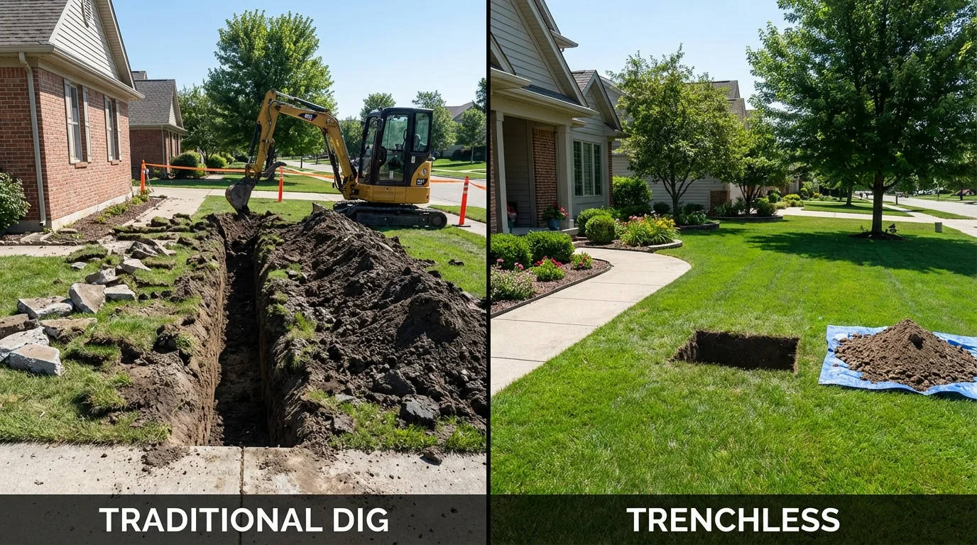 Trenchless sewer repair with minimal yard damage versus traditional excavation in Delevan, NY