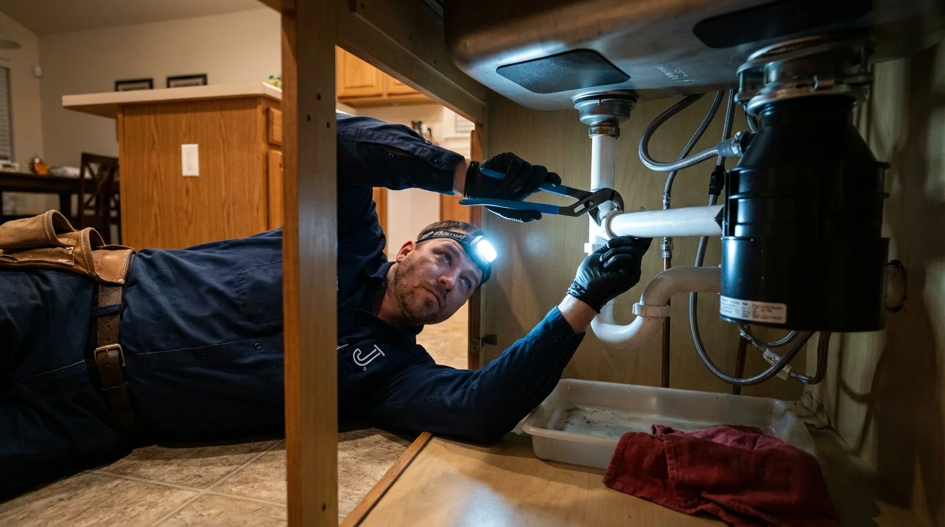 P-trap and supply line connections under a kitchen sink showing a common leak point in Delevan, NY